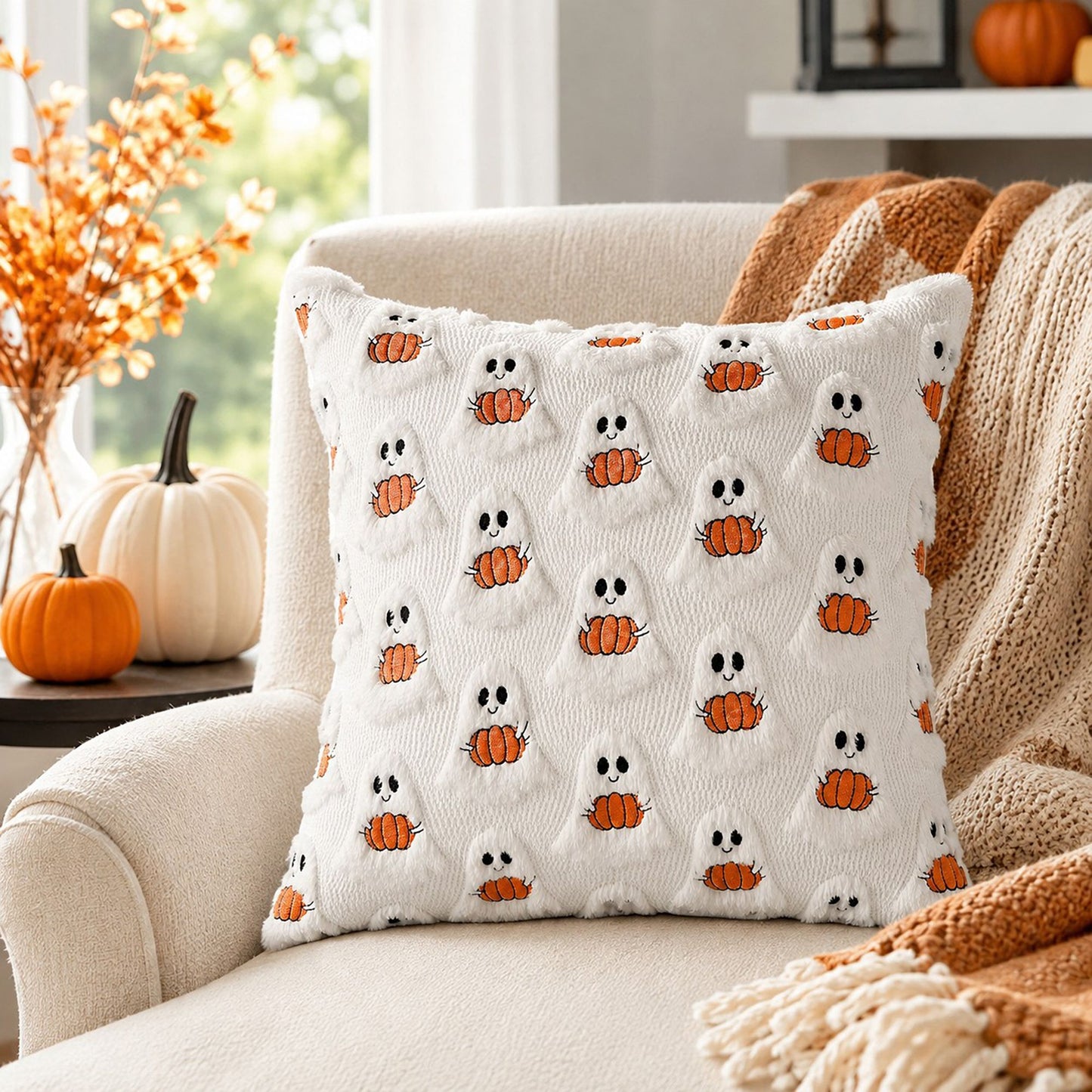 Halloween Pumpkin Ghost Textured Decorative Throw Pillow Cover for Sofa Bed Chair
