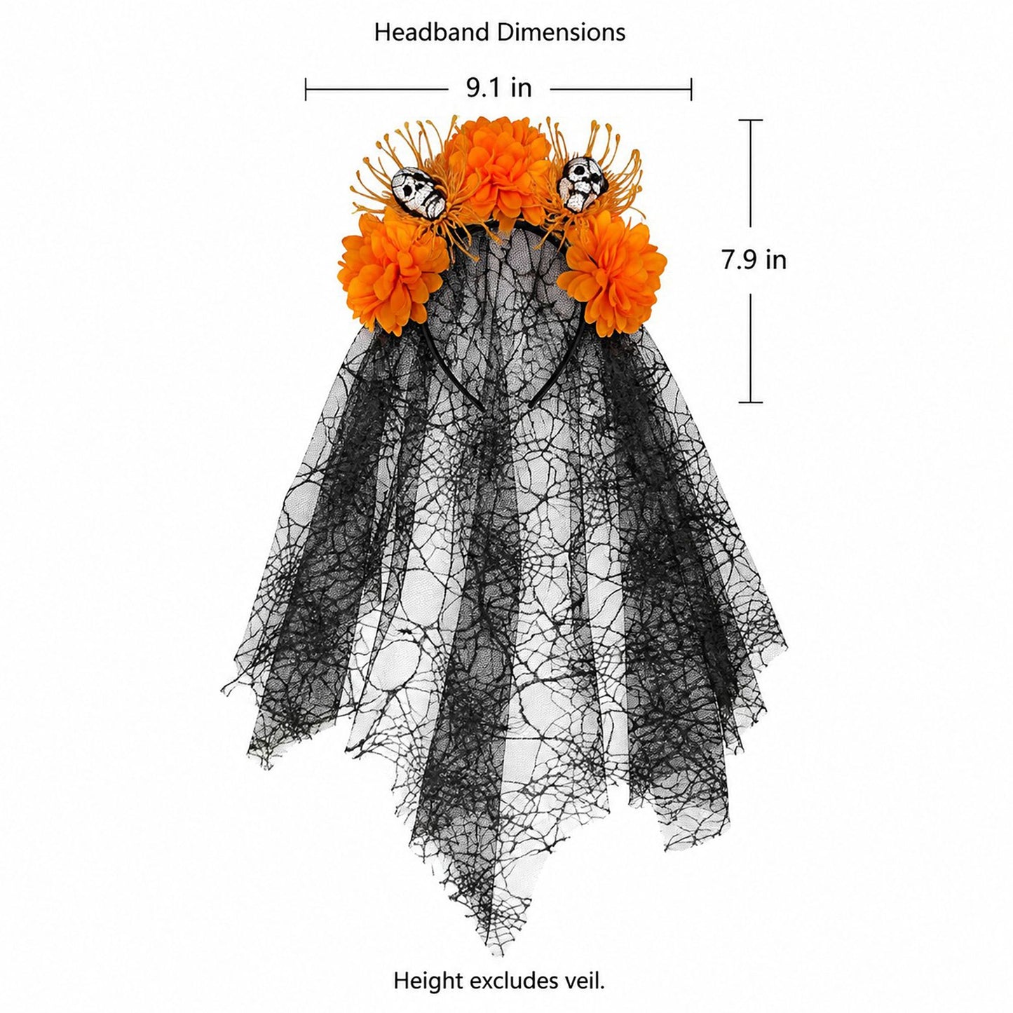Halloween Floral Skull Headband with Spiderweb Lace Veil