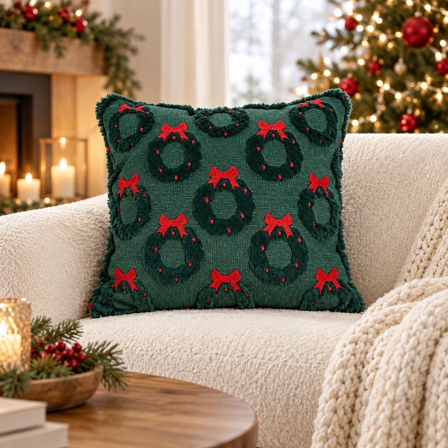 Christmas Wreath Bow Tufted Decorative Throw Pillow Cover