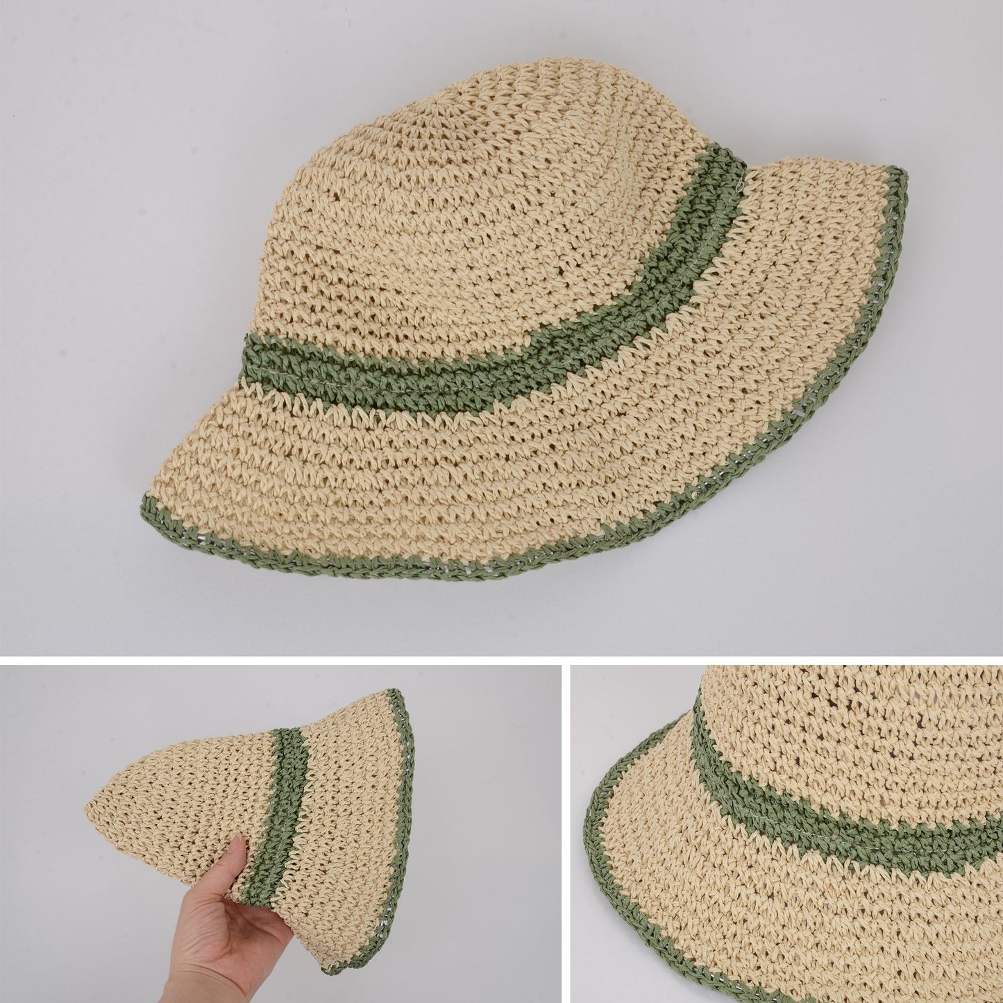 Packable Crochet Straw Bucket Hat with Two-Tone Design Lightweight Summer Sun Hat for Beach Travel Hiking Outdoor Use