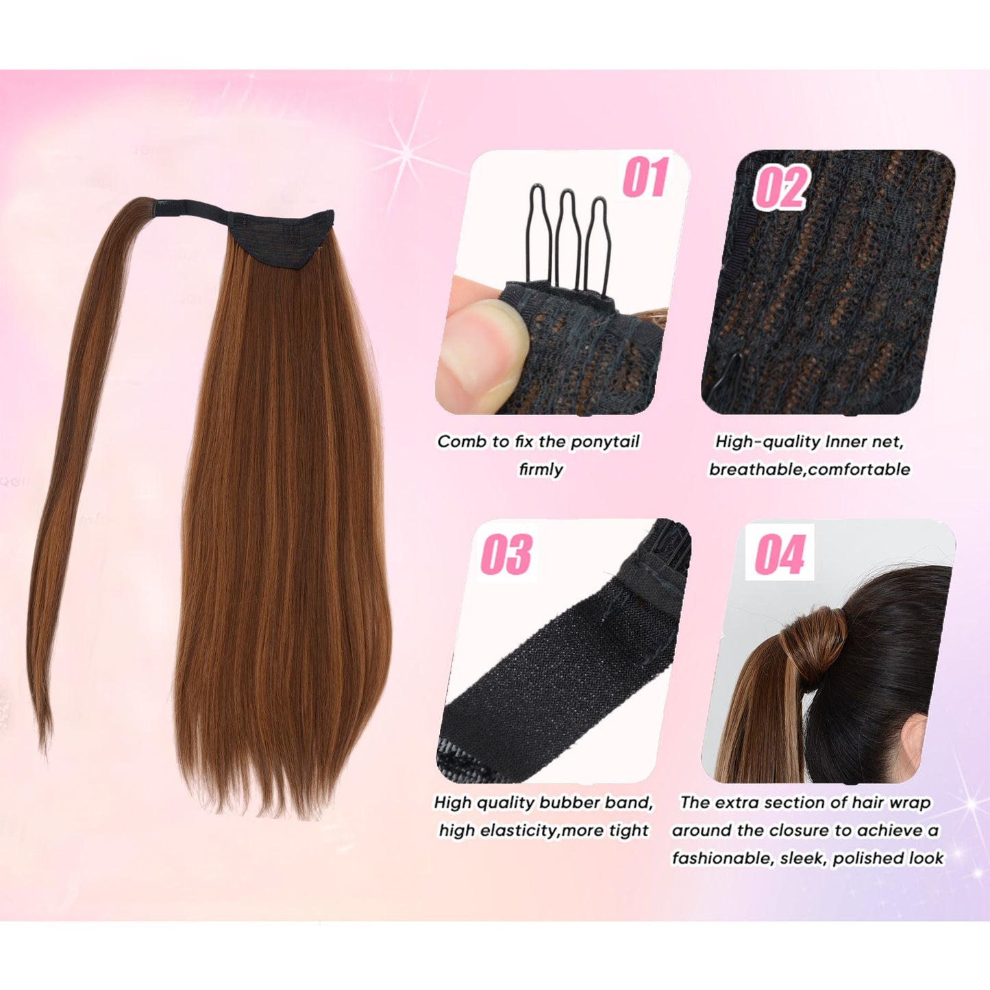 Straight Ponytail Extension - 24 Inch Long Straight Wrap Around Ponytail for Women Clip Ponytail Hair Extensions Synthetic