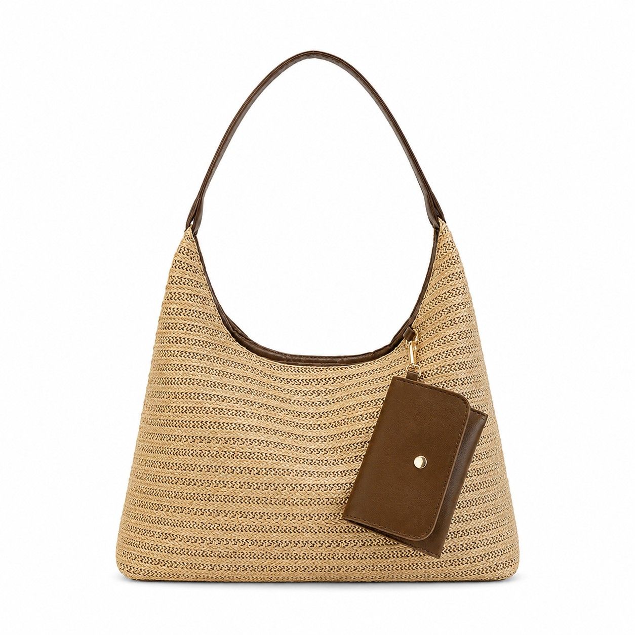 Woven Straw Shoulder Bag Hobo Handbag with Removable Pouch and Magnetic Closure