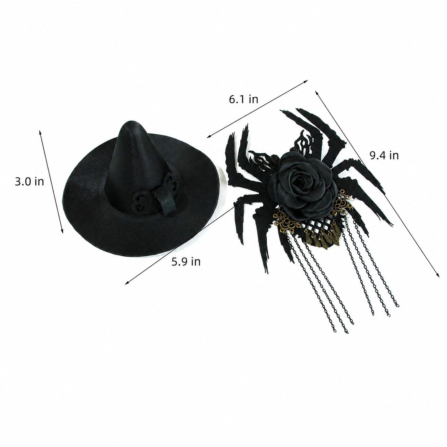 Halloween Mini Witch Hat Hair Clip with Spider Rose and Chains