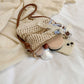 Decorative Woven Crossbody Bag with Pearl Charm, Scarf Accent and Zip Closure