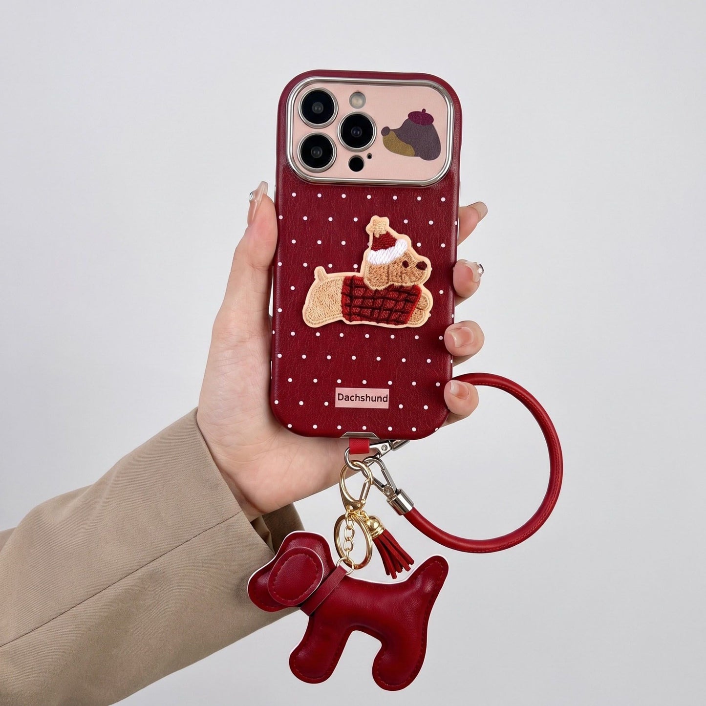 Dachshund Phone Case Wristlet Set Dog Charm Tassel Polka Dot Decorative Cover