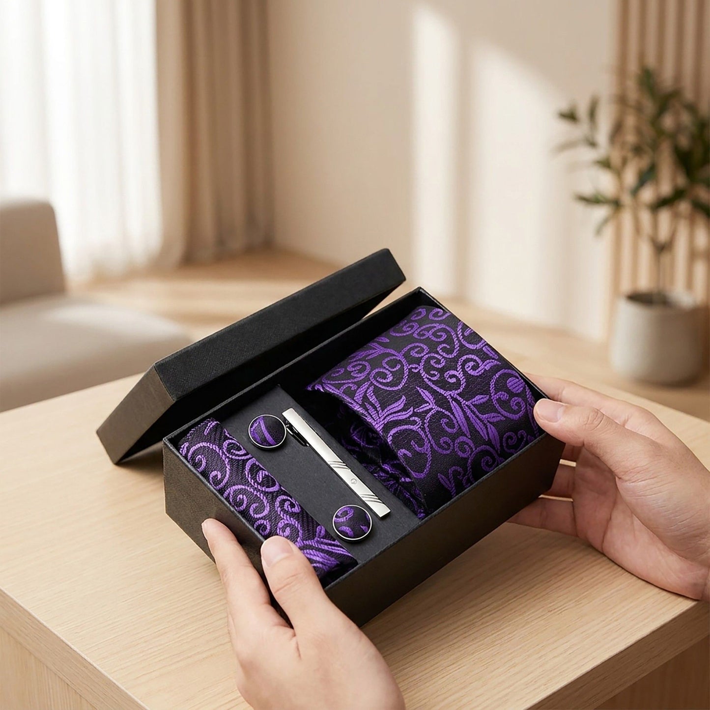 Men's Baroque Floral Tie Gift Set with Matching Pocket Square Cufflinks and Silver Tie Clip