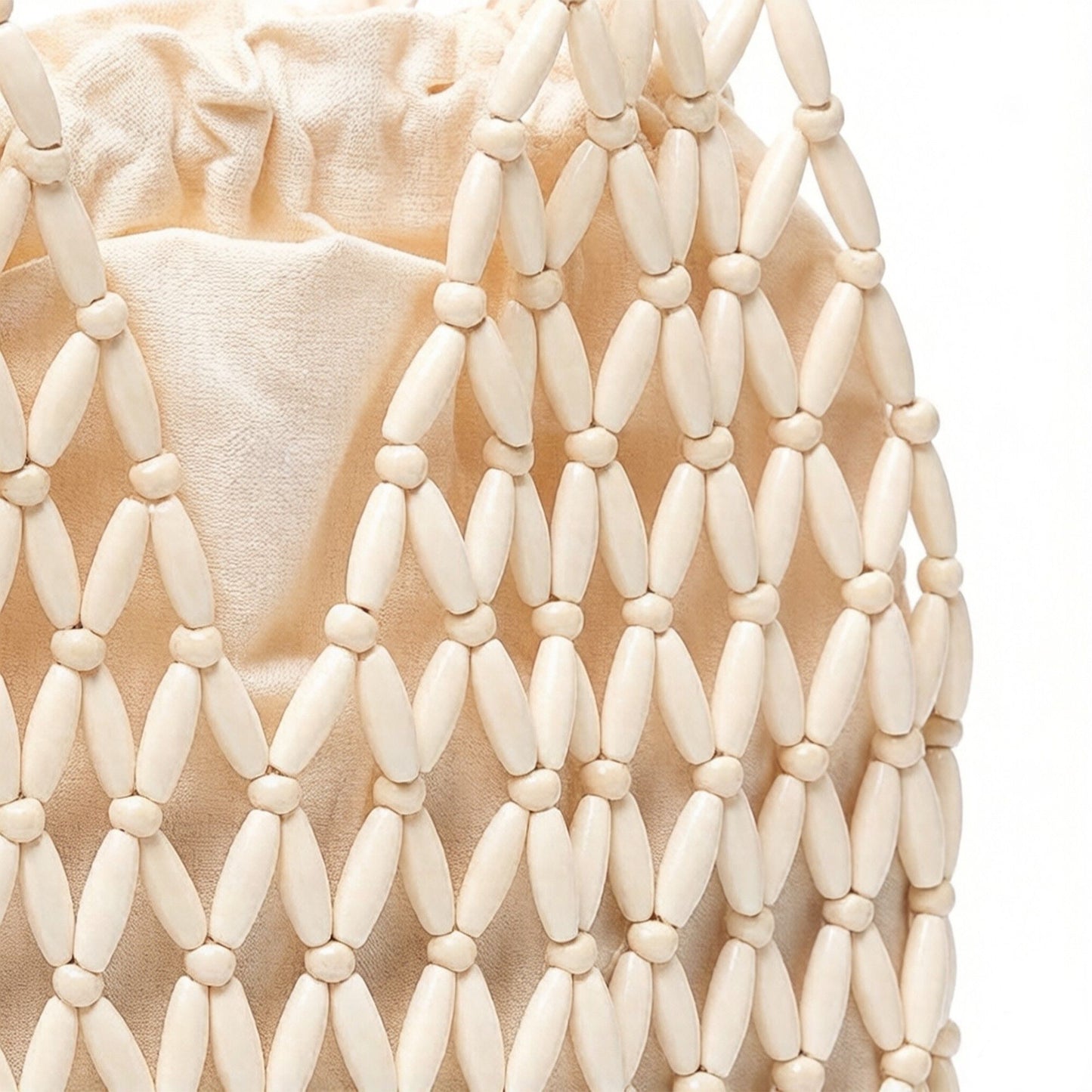 Beaded Tote Bag with Inner Pouch Soft Structured Wooden Bead Handbag Open Weave Shoulder Bag Lightweight Carryall