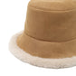 Faux Suede Bucket Hat with Faux Fur Trim Winter Hat