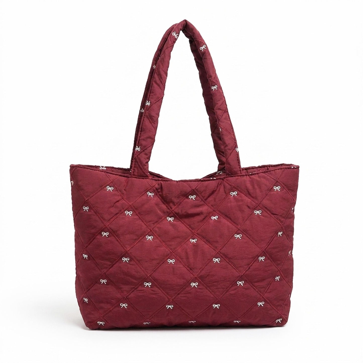 Quilted Tote Bag Large Capacity Shoulder Bag with Bow Embroidery and Magnetic Closure