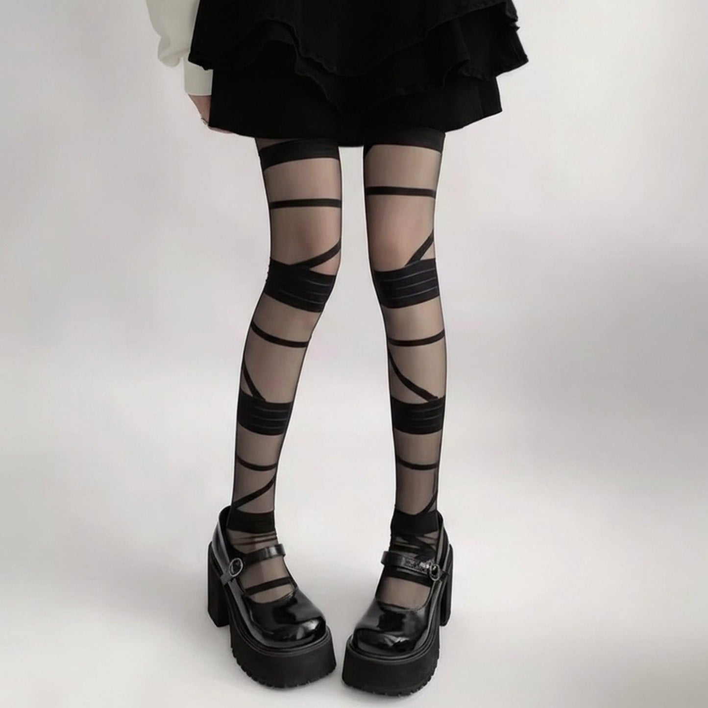 Sheer Tights with Wrapped Ribbon Illusion and Gothic Layered Design