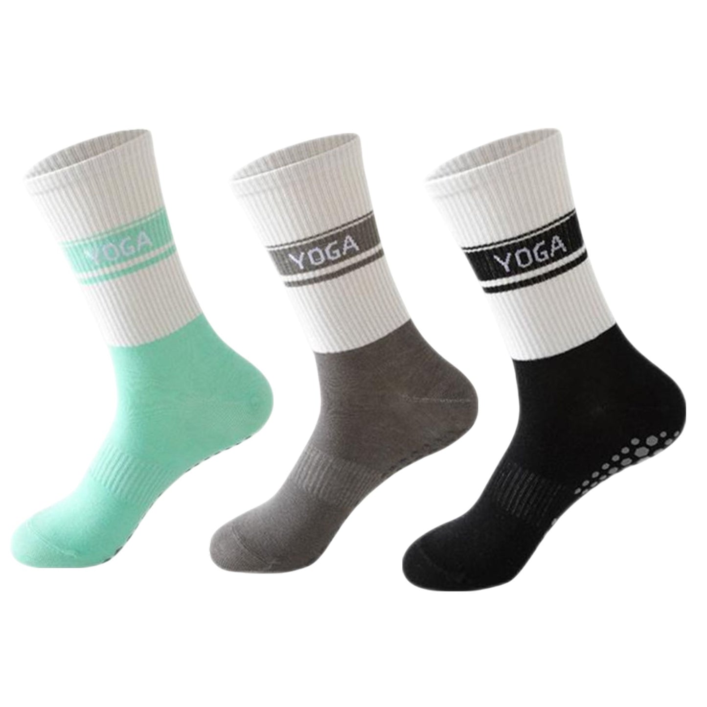 3 Pairs Non-Slip Yoga Crew Socks Soft Cotton Grip Sole Ribbed Cuff for Fitness