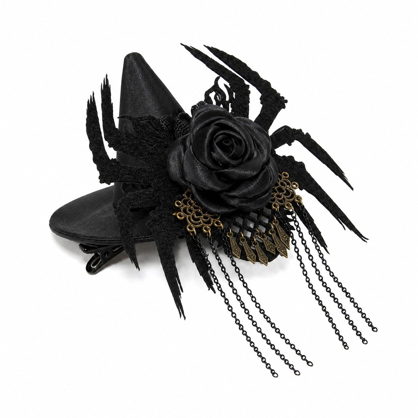 Halloween Mini Witch Hat Hair Clip with Spider Rose and Chains