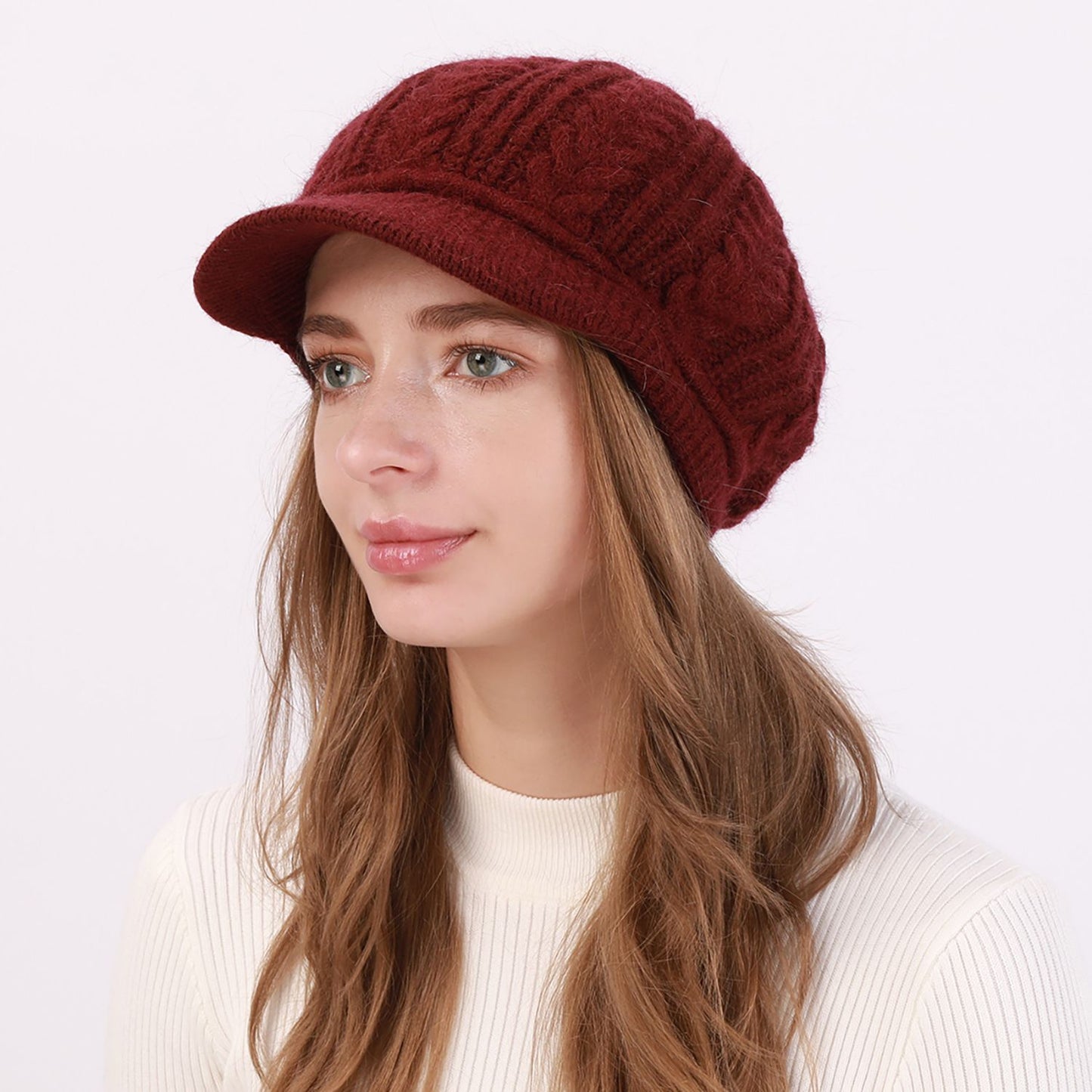 Cable Knit Brim Beanie Faux Fur Lined Warm Winter Hat