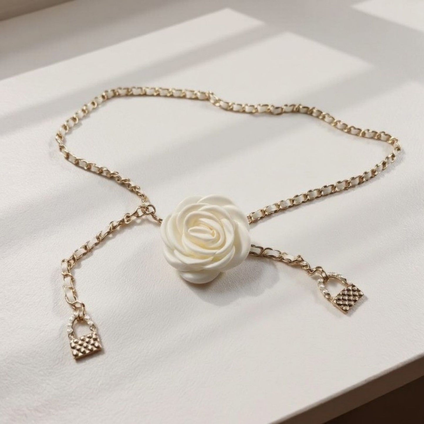 Rose Flower Chain Belt with Hanging Lock Charms and Adjustable Drape Design 45.5in