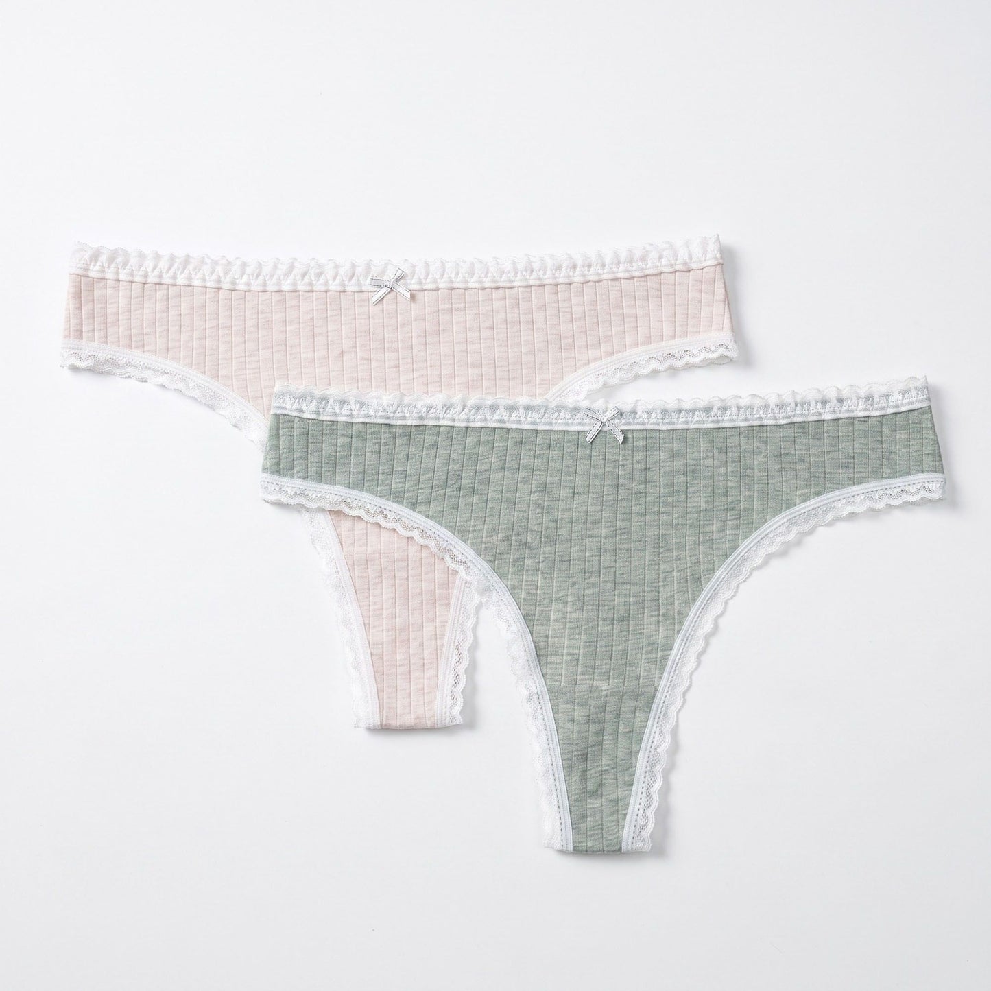 2 Pack Ribbed Lace Trim Thong Underwear