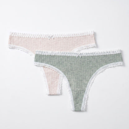 2 Pack Ribbed Lace Trim Thong Underwear