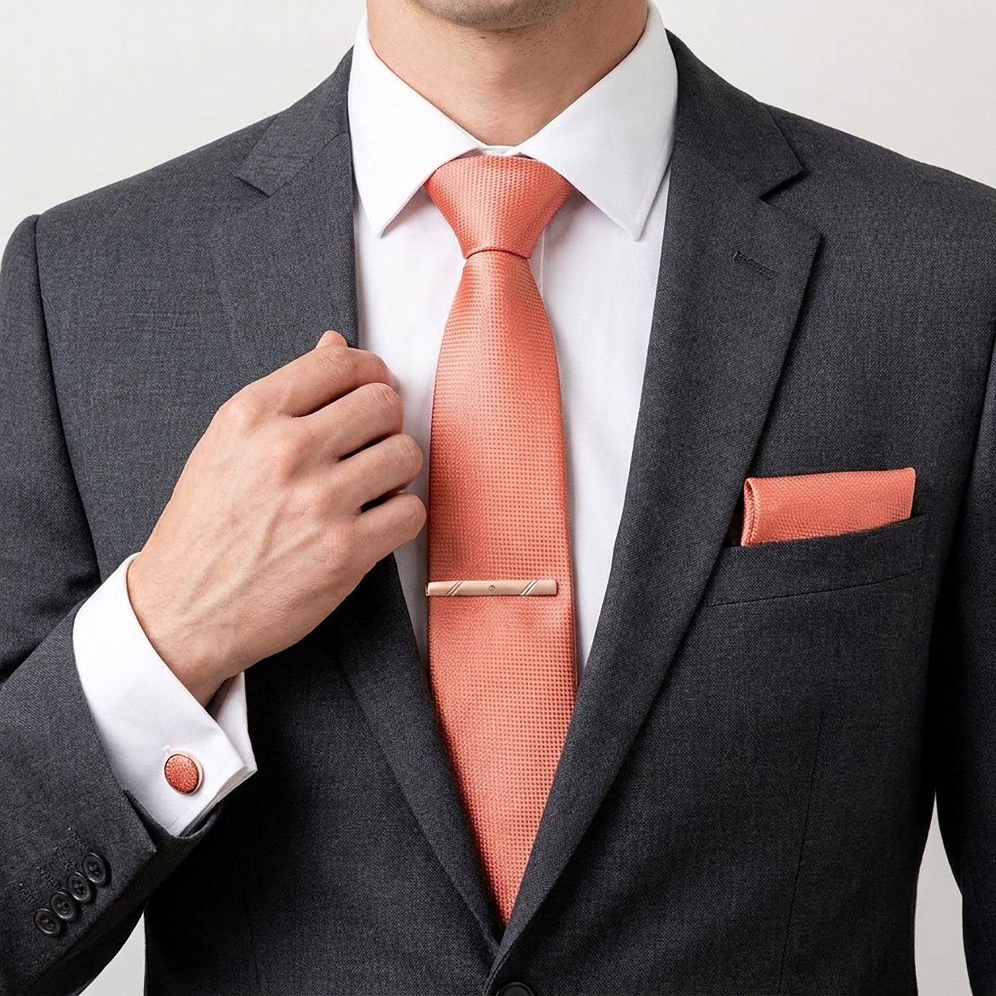 Men's Textured Solid Color Tie Gift Set with Matching Pocket Square Cufflinks and Silver Tie Clip