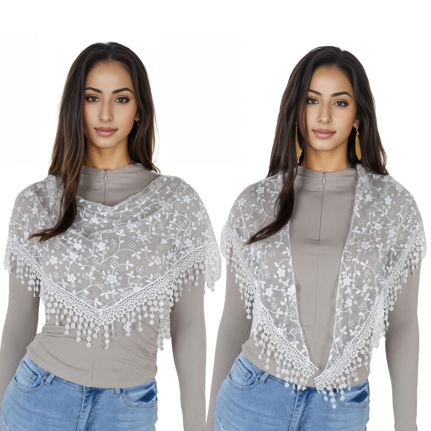 Lightweight Lace Floral Head Scarf Fringe Triangular Shawl