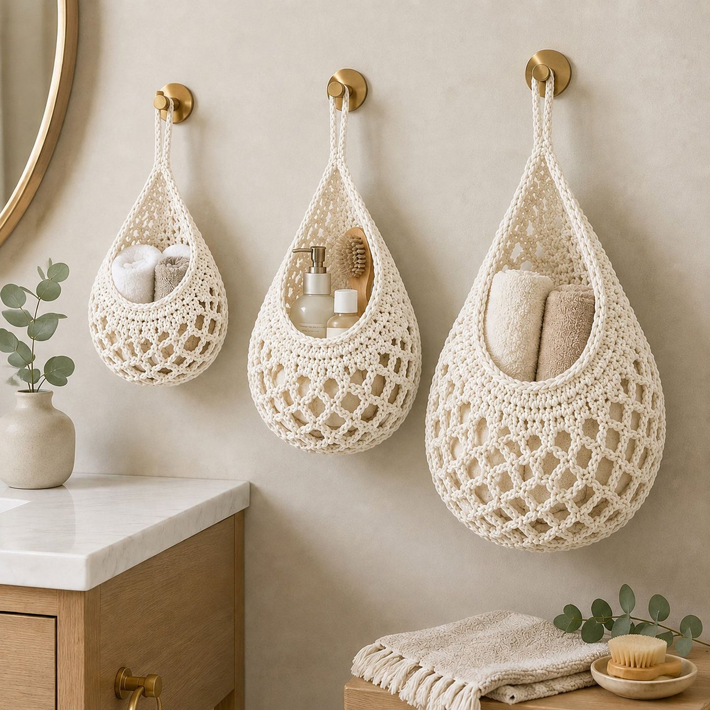 3pc Crochet Hanging Storage Basket Set Small Medium Large Wall Organizer Bins