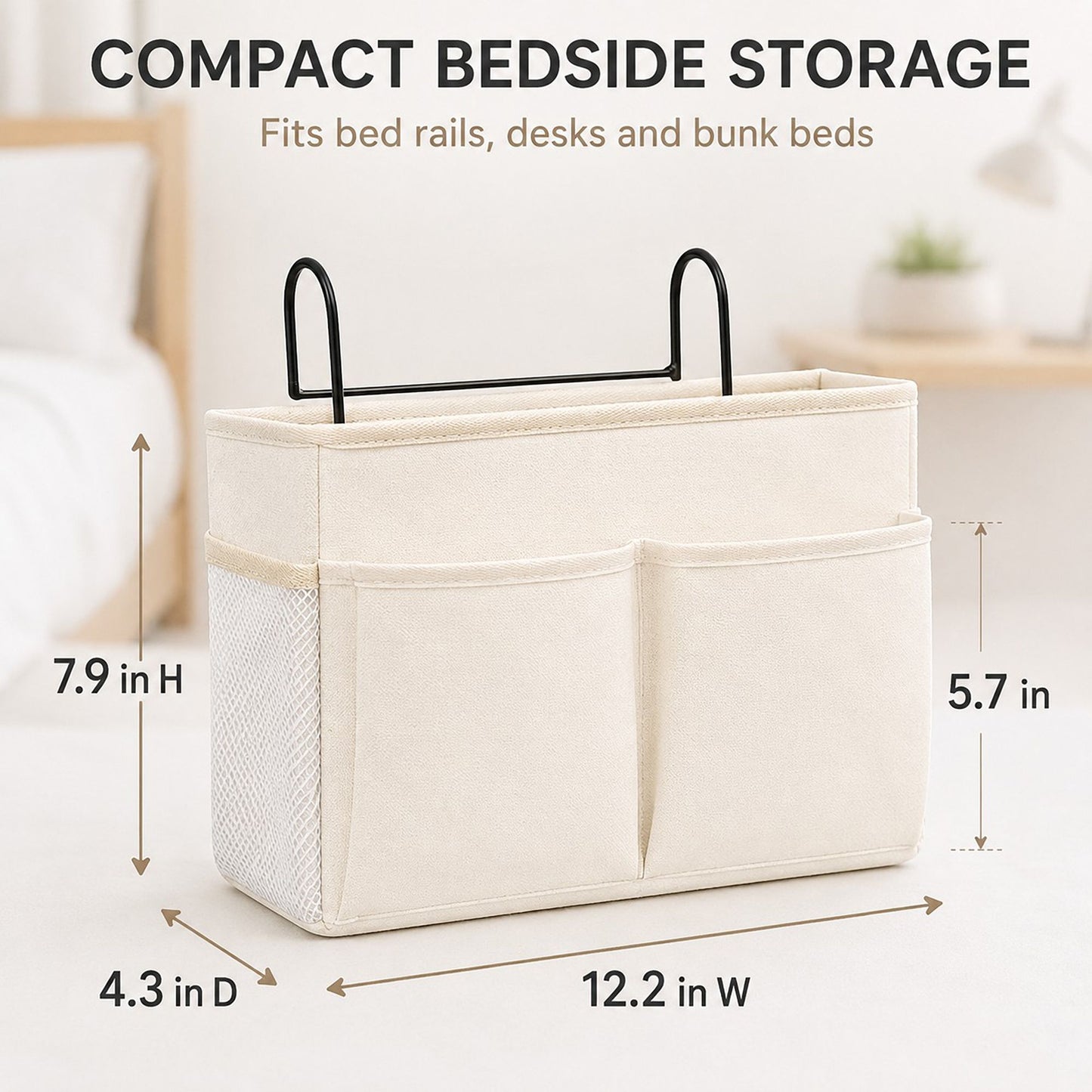 Hanging Bedside Storage Caddy with Hooks and Multiple Pockets Bed Rail Organizer