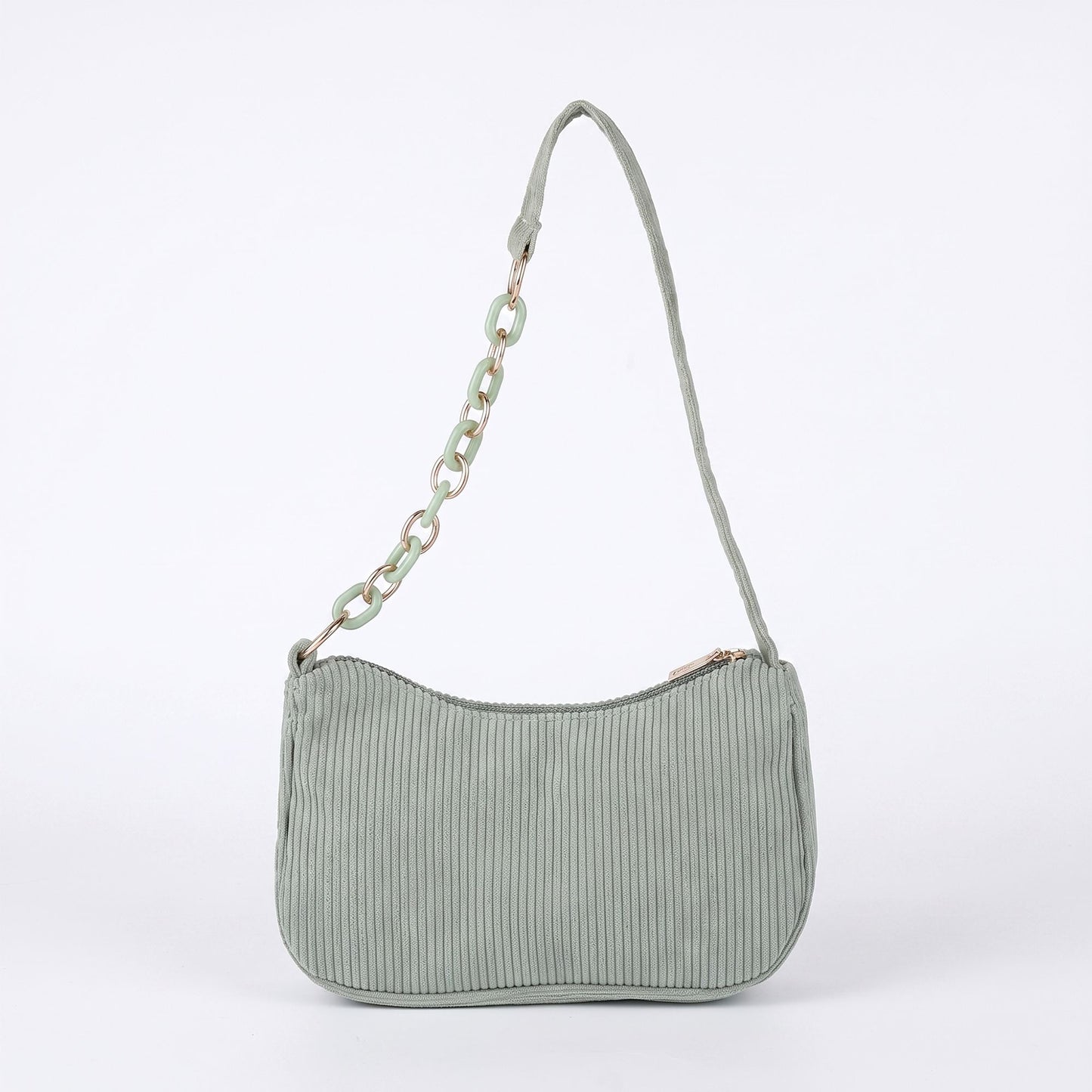 Small Corduroy Shoulder Bag with Mixed Chain Strap and Zip Closure