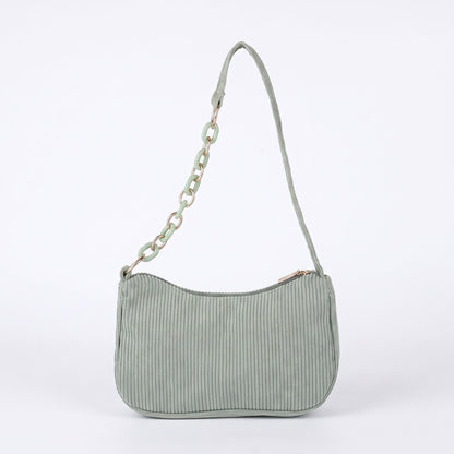 Small Corduroy Shoulder Bag with Mixed Chain Strap and Zip Closure