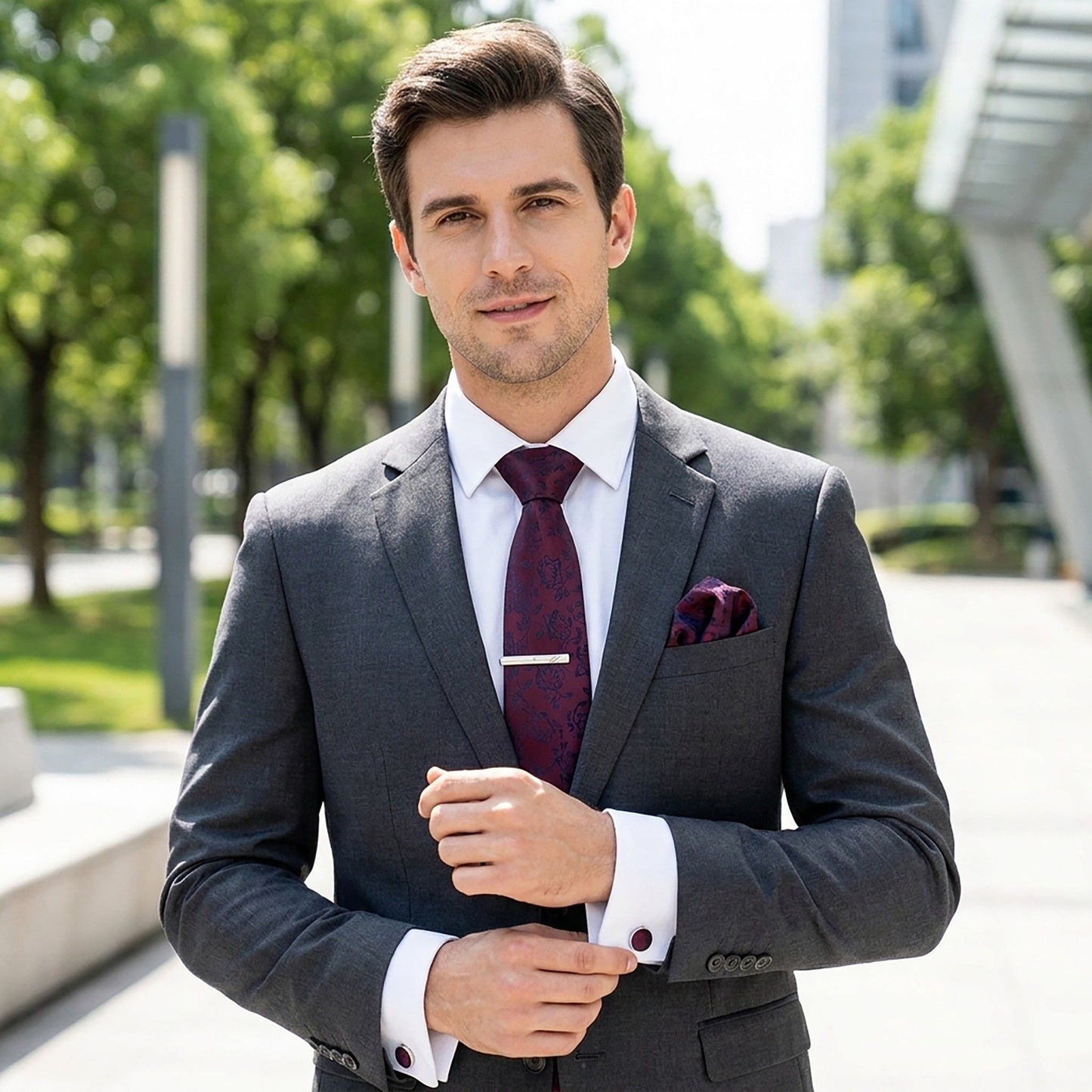 Men's Rose Floral Tie Gift Set with Matching Pocket Square Cufflinks and Silver Tie Clip
