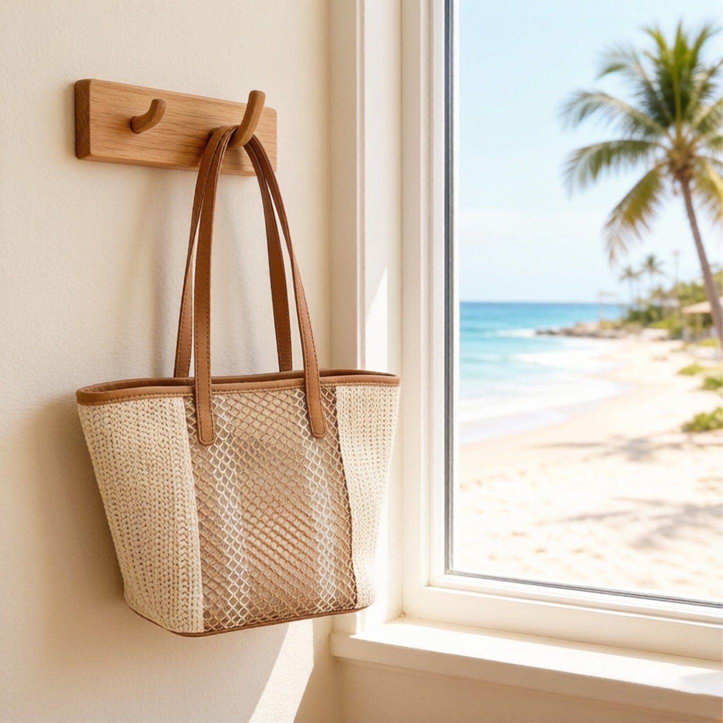 Woven Crochet Tote Bag with Textured Panel Design Leather Shoulder Strap Lightweight Handbag