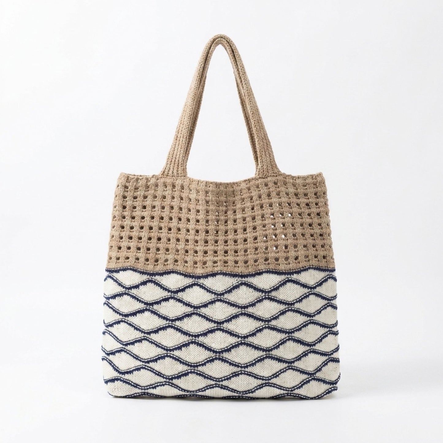 Crochet Knit Tote Bag with Openwork Design and Wave Pattern