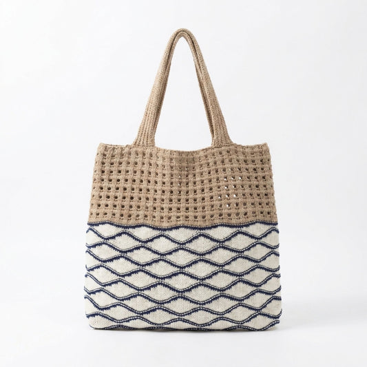 Crochet Knit Tote Bag with Openwork Design and Wave Pattern