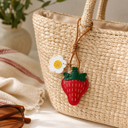 2-Pack Stitched Strawberry Bag Charm Keychains with Daisy Accents and Cord Loops