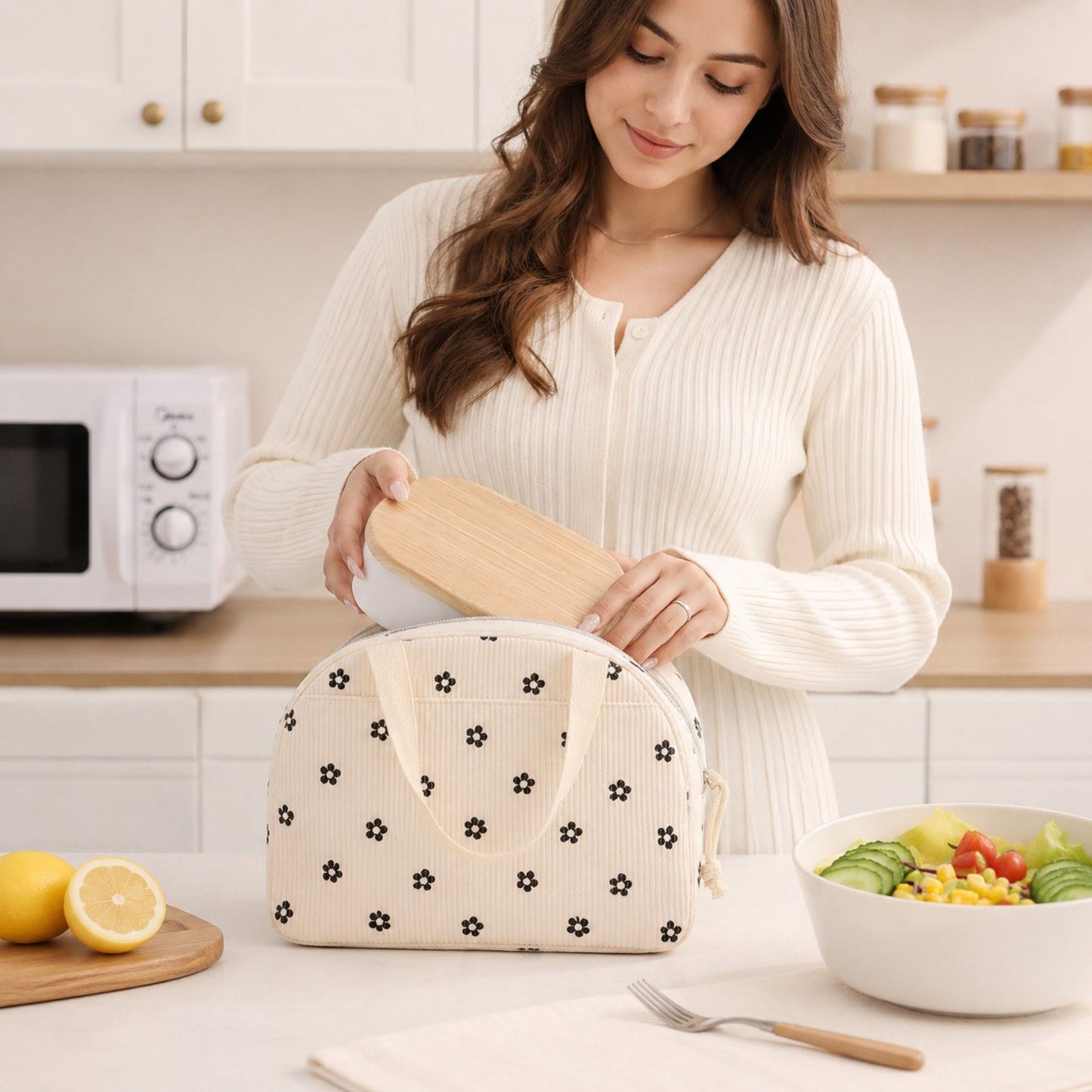 Heart Print Corduroy Insulated Lunch Bag with Handles and Zip Closure