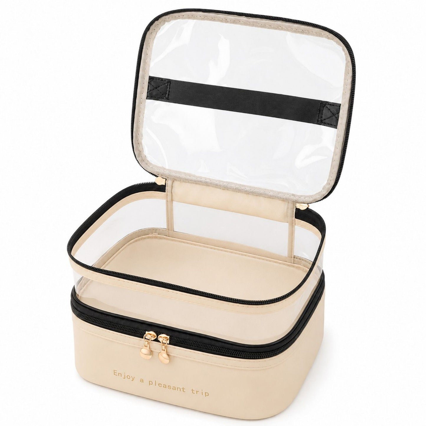 Two-Tier Clear Travel Makeup Bag with Handle for Toiletries and Beauty Storage