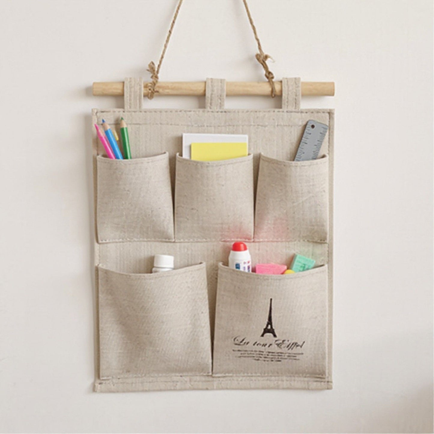 Hanging Wall Organizer with Eiffel Tower Print and Five Canvas Storage Pockets 12.5x9.5 in