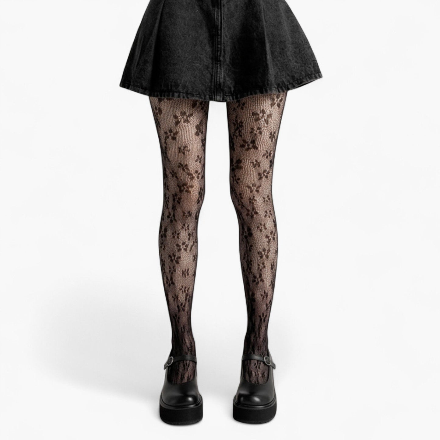 Floral Lace Pattern Tights with Sheer Mesh Texture and Stretch Fit
