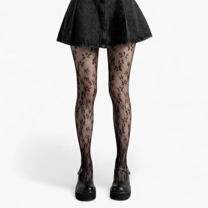 Floral Lace Pattern Tights with Sheer Mesh Texture and Stretch Fit