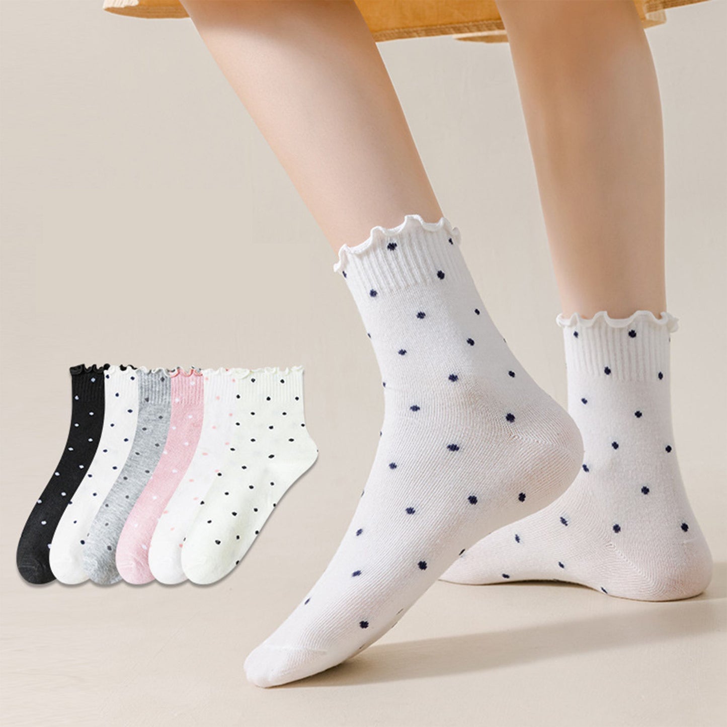 Polka Dot Ankle Socks Set Soft Cotton Blend Ruffle Trim Cuff Multiple Color Combos 5 Pairs