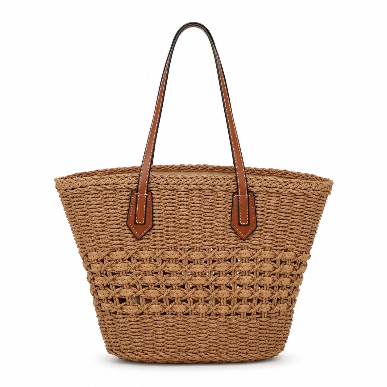 Woven Straw Tote Bag with Zip Closure Small Interior Pocket and Leather Handles