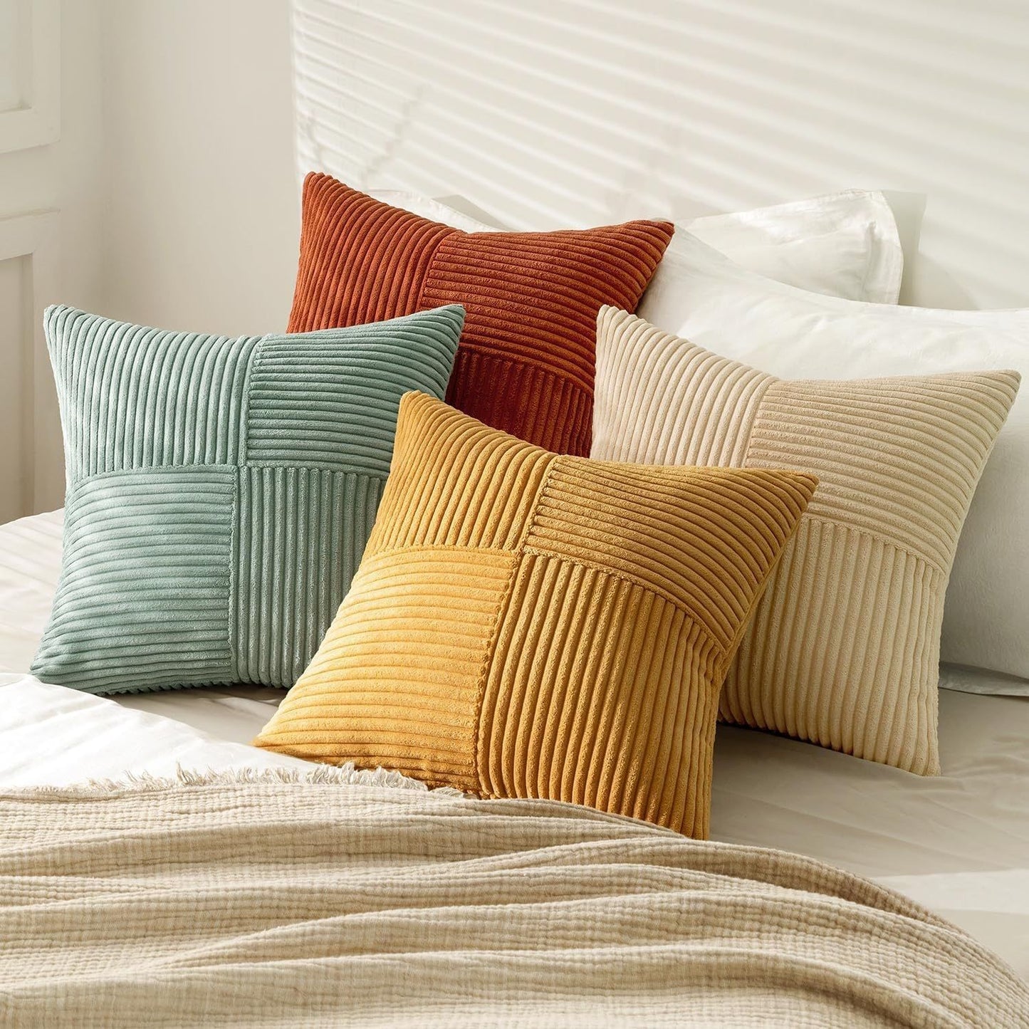 4 Pack Patchwork Corduroy Throw Pillow Covers 18 x 18 Inch for Sofa and Bed