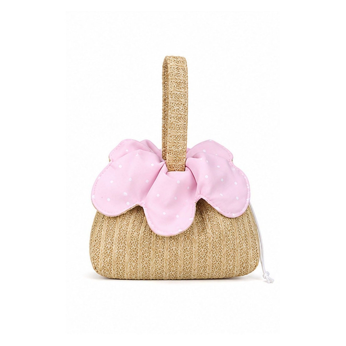 Textured Knit Drawstring Handbag with Floral Petal Trim, Dual Handles and Compact Cosmetic Storage Design