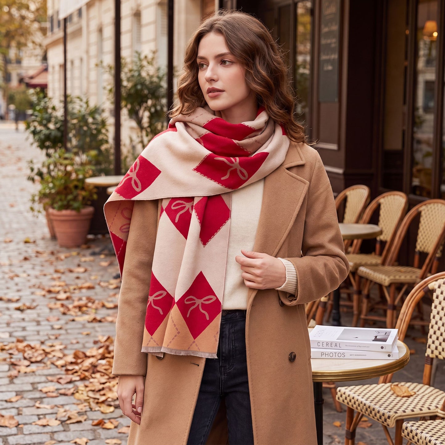 Argyle Bow Print Oversized Scarf Soft Wrap Shawl with Fringe Edge 70.8*25.6 Inches