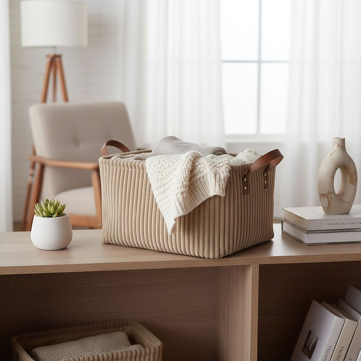 Decorative Storage Basket with Handles Organizer Bin for Shelves Closet Storage Box for Toys Clothes
