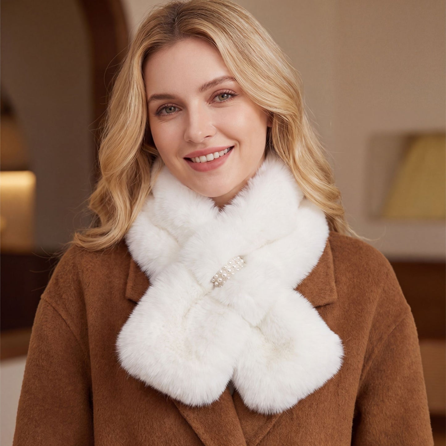 Plush Faux Fur Pull Through Scarf Soft Winter Neck Wrap with Jeweled Accent 31.5*4.7 Inches