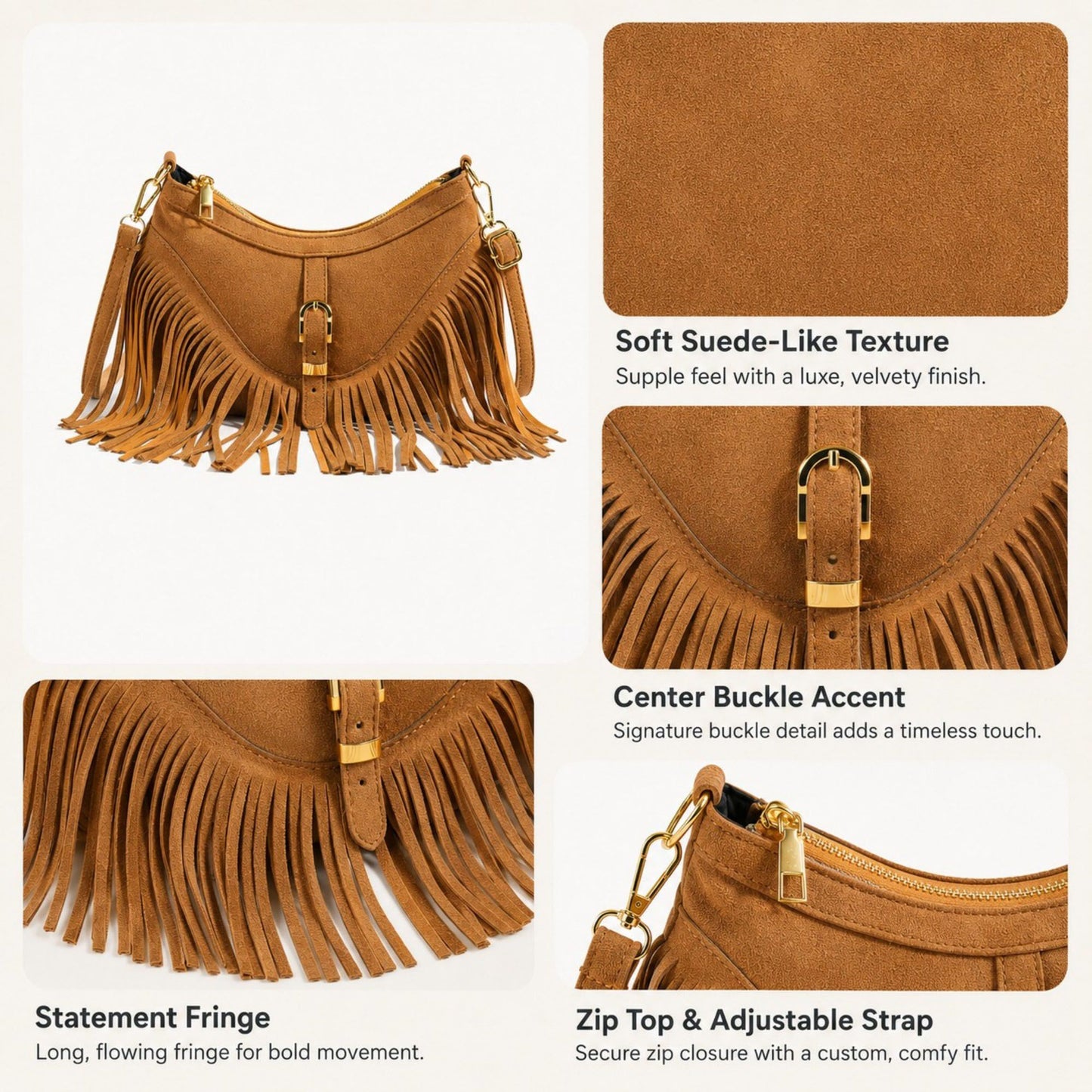 Studded Fringe Crossbody Bag Suede Look Crescent Shoulder Purse with Adjustable Strap