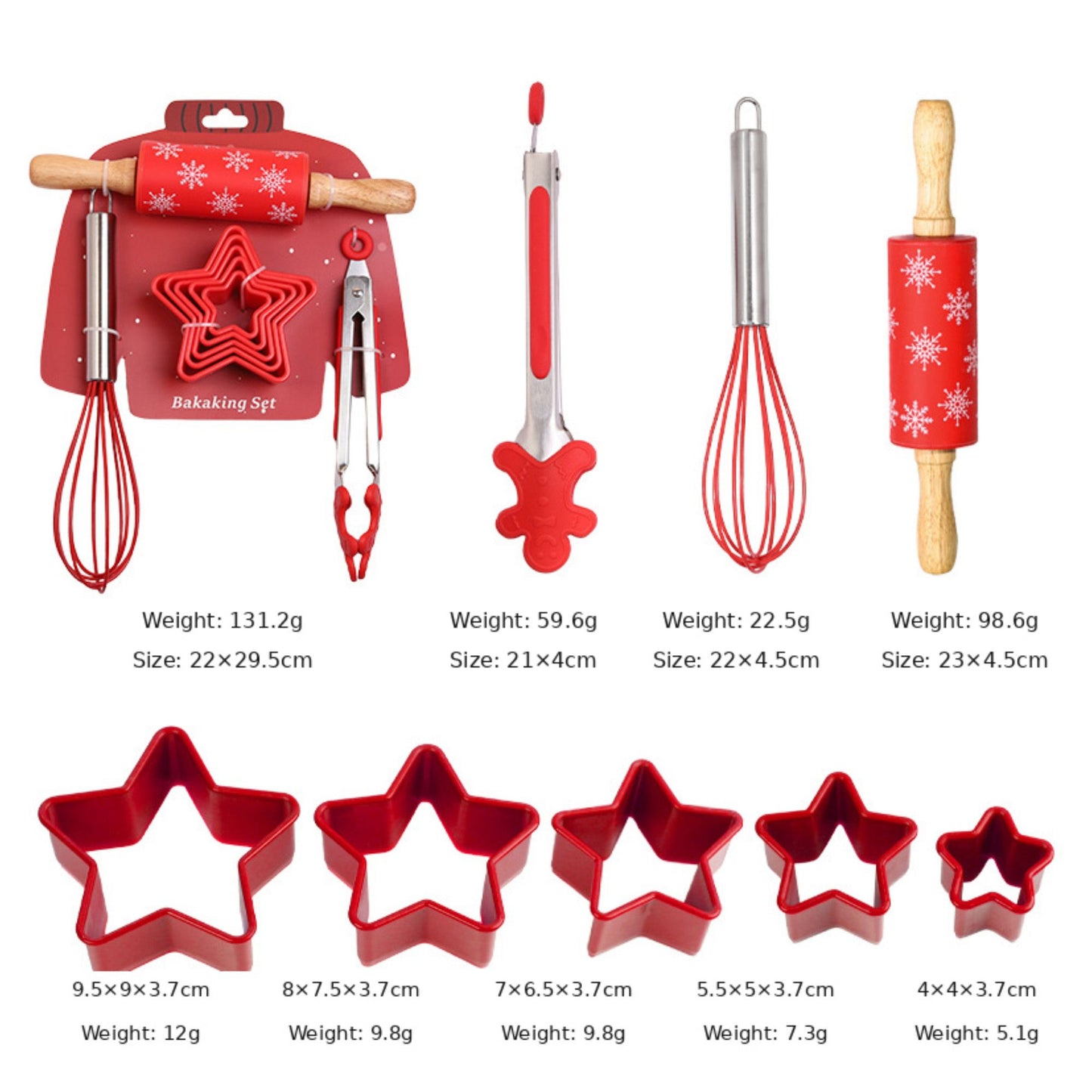 Christmas Baking Tool Set with Rolling Pin Whisk Tongs and Cookie Cutters