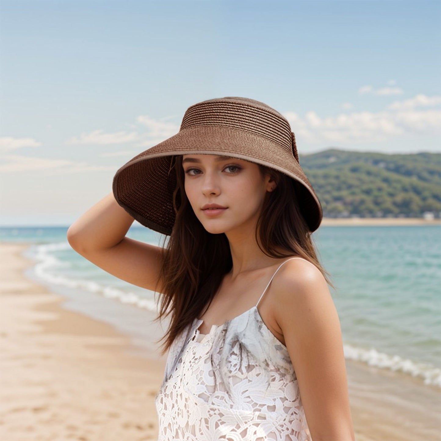 Women's Wide Brim Visor Hat with Bow Detail Adjustable Velcro Closure for Beach or Outdoor Protection
