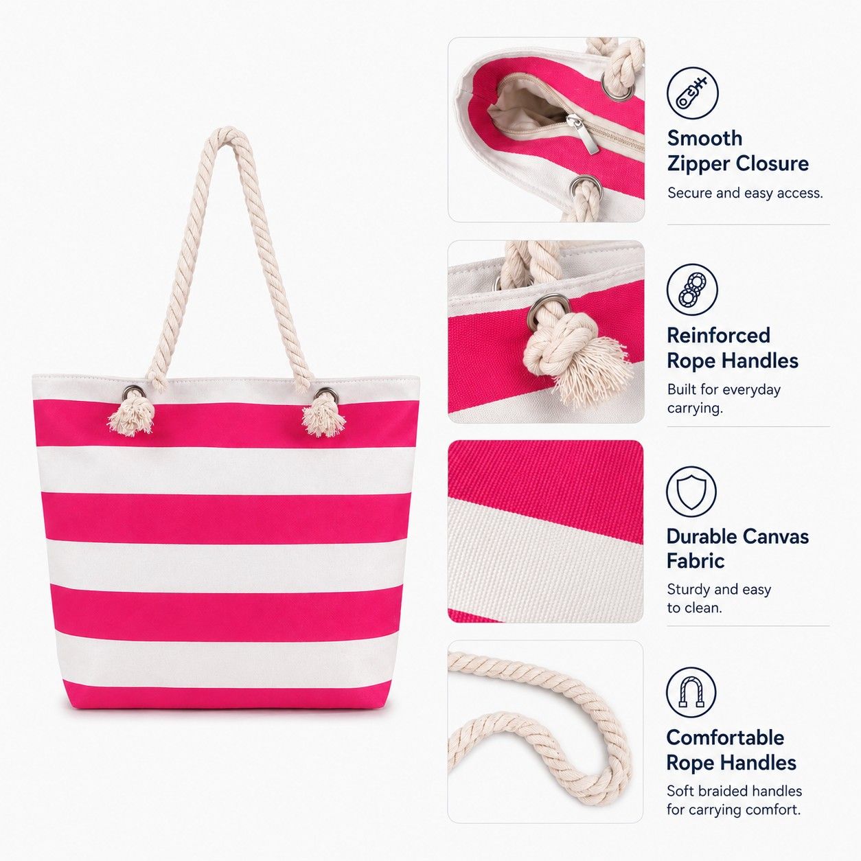 Striped Canvas Beach Tote Bag with Zip Closure and Rope Shoulder Handles