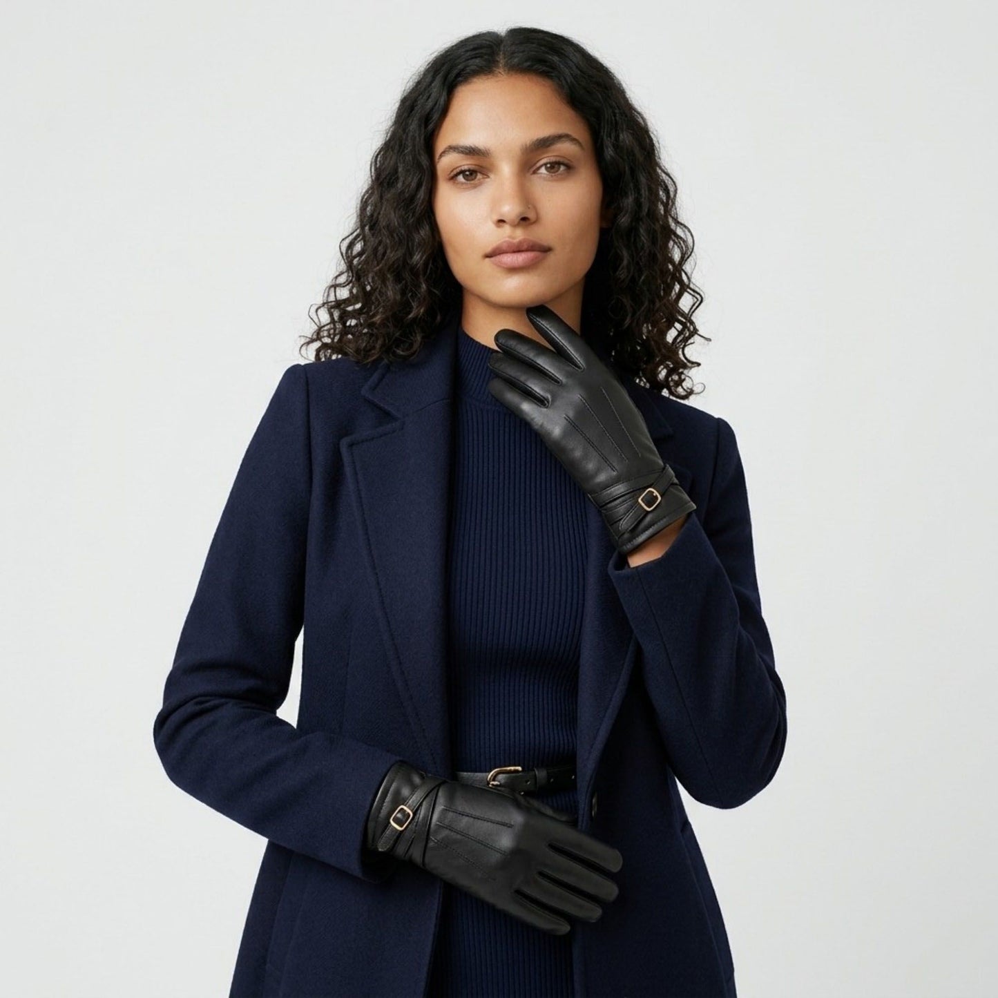 Faux Leather Winter Gloves with Crisscross Wrist Strap and Full Finger Design 9.4 x 3.3in