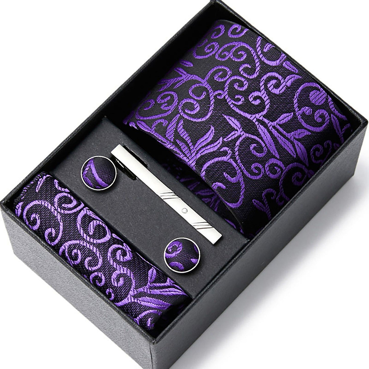 Men's Baroque Floral Tie Gift Set with Matching Pocket Square Cufflinks and Silver Tie Clip