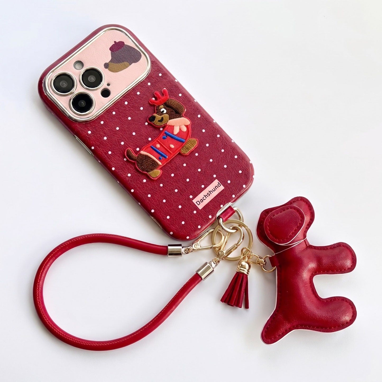 Dachshund Phone Case Wristlet Set Dog Charm Tassel Polka Dot Decorative Cover